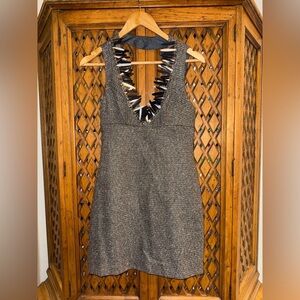 Anna Sui Tweed Black and Gray Deep V Neck Mini Dress with Sequin. - XS